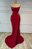 Elegant Sheath Straps Burgundy Satin Silver Beads Slit Long Prom Dresses Formal Dress HZ1024