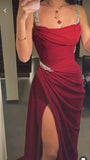 Elegant Sheath Straps Burgundy Satin Silver Beads Slit Long Prom Dresses Formal Dress HZ1024