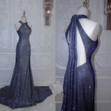 Elegant Mermaid Halter Sequin Navy Blue Long Prom Dresses Formal Dress HZ1024