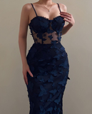 Elegant Mermaid Spaghetti Straps Lace Navy Blue Long Prom Dresses Formal Dress HZ1024