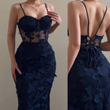 Elegant Mermaid Spaghetti Straps Lace Navy Blue Long Prom Dresses Formal Dress HZ1024