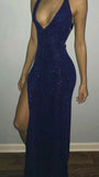 Elegant Sheath Halter Royal Blue Sequin Slit Long Prom Dresses Formal Dress HZ1024