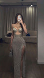 Elegant Mermaid Spaghetti Straps Silver Beads Slit Long Prom Dresses Formal Dress HZ1024