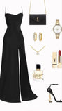 Elegant Sheath Spaghetti Straps Black Slit Long Prom Dresses Formal Dress HZ1024
