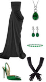 Elegant Sheath Strapless Satin Black Fold Long Prom Dresses Formal Dress HZ1024