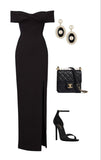 Elegant Sheath Off The Shoulder Black Slit Long Prom Dresses Evening Dress HZ1024
