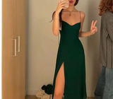 Elegant Sheath Spaghetti Straps Satin Green Slit Prom Dresses Evening Dress HZ1024