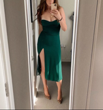 Elegant Sheath Spaghetti Straps Satin Green Slit Prom Dresses Evening Dress HZ1024