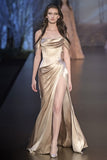 Elegant Sheath Off The Shoulder Satin Champagne Slit Prom Dresses Evening Dress HZ1024