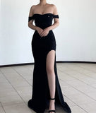 Elegant Mermaid Off The Shoulder Black Slit Prom Dresses Evening Dress HZ1024
