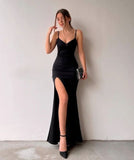 Elegant Sheath Straps Black Slit Prom Dresses Evening Dress With Split HZ1024