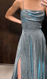 Elegant A line Spaghetti Straps Blue Sequin Prom Dresses Long Evening Dress HZ1024
