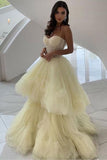 Princess A Line Spaghetti Straps Layers Daffodil Tulle Prom Dresses Unique Formal Dress HZ1024