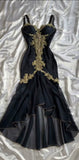 Elegant High Low Straps Black Chiffon Lace Prom Dresses Ruffles Evening Dress HZ1024