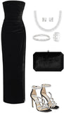 Elegant Sheath Strapless Black Velvet Long Prom Dresses Evening Dress HZ1024