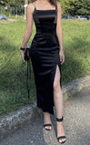 Elegant Sheath Spaghetti Straps Black Slit Prom Dresses Satin Evening Dress HZ1024