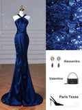 Elegant Mermaid Halter Royal Blue Satin Long Prom Dresses Evening Dress HZ1024
