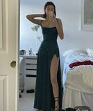 Elegant A Line Spaghetti Straps Slit Green Long Prom Dresses Evening Dress HZ1024