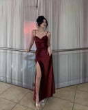Elegant Sheath Spaghetti Straps Slit Burgundy Long Prom Dresses Evening Dress HZ1024