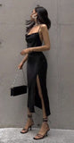Pretty Sheath Spaghetti Straps Slit Black Prom Dresses Evening Dress HZ1024