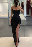 Pretty Sheath Spaghetti Straps Slit Black Sequin Prom Dresses Evening Dress HZ1024