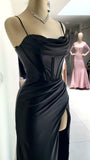 Elegant Sheath Spaghetti Straps Black Slit Long Prom Dresses Evening Dress HZ1024
