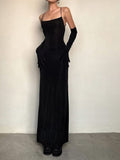 Sexy Sheath Spaghetti Straps Black Long Prom Dresses Evening Dress With Gloves HZ1024