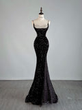 Sexy Mermaid Spaghetti Straps Black Sequin Long Prom Dresses Evening Dress With Slit HZ1024