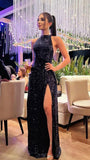 Pretty Sheath Halter Slit Black Long Sequin Prom Dresses Evening Dress HZ1024
