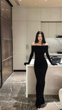 Modest Sheath Off The Shoulder Black Long Sleeves Backless Prom Dresses Long Evening Dress HZ1024