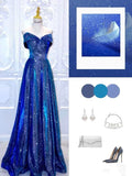 Pretty A line Off The Shoulder Long Royal Blue Sequin Floor Length Prom Dresses HZ1024