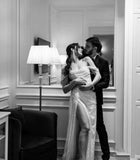 Elegant Sheath Off The Shoulder Sequin Silver Slit Prom Dresses Evening Dress With Split HZ1024