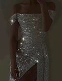 Modest Sheath Off The Shoulder Short Sleeves Long Sequin Prom Dress Evening Dresses HZ1024