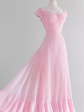 Vintage A line Pink Long Prom Dresses HZ1024