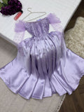 Pretty Ball Gown Strapless Long Puffy Sleeves Lilac Satin Pearls Prom Dresses Long Evening Dress HZ1024