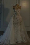 Romantic Wedding Dress Long Mermaid V Neck Spaghetti Strap With Beadings HZ1024