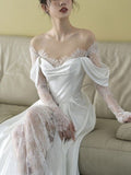 Romantic A line Scoop Neckline Lace Long Wedding Dresses HZ1024