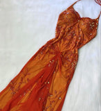 Gorgeous Mermaid Halter Orange Long Tulle Prom Dresses Beads Evening Dress HZ1024