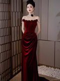 Vintage Mermaid Burgundy Velvet Long Prom Dresses HZ1024