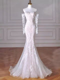Vintage Mermaid Strapless Long White Lace Wedding Dresses HZ1024