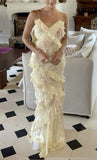 Elegant Sheath Spaghetti Straps Yellow Lace Long Prom Dresses Evening Gowns HZ1024