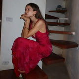 Elegant Sheath V Neckline Hot Pink Floral Lace Long Prom Dresses Evening Gowns HZ1024