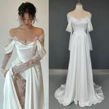 Off Shoulder Lace Wedding Gowns Big Size Custom Made A Line Long Sleeves Ruched Satin High Slit Bridal Dress HZ1024