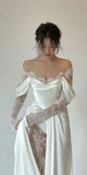Off Shoulder Lace Wedding Gowns Big Size Custom Made A Line Long Sleeves Ruched Satin High Slit Bridal Dress HZ1024