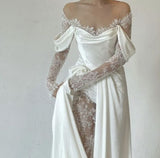 Off Shoulder Lace Wedding Gowns Big Size Custom Made A Line Long Sleeves Ruched Satin High Slit Bridal Dress HZ1024
