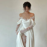 Off Shoulder Lace Wedding Gowns Big Size Custom Made A Line Long Sleeves Ruched Satin High Slit Bridal Dress HZ1024