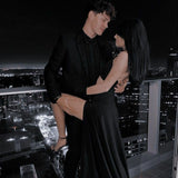 Sexy A Line Straps Black Long Backless Prom Dresses Evening Dress HZ1024