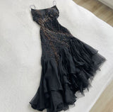 Vintage Mermaid Spaghetti Straps Black Tulle Long Prom Dresses Evening Dress HZ1024