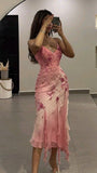 Vintage Sheath Spaghetti Straps Pink Chiffon Knee Length Prom Dresses Evening Dress HZ1024