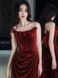 Vintage Mermaid Burgundy Velvet Long Prom Dresses HZ1024
